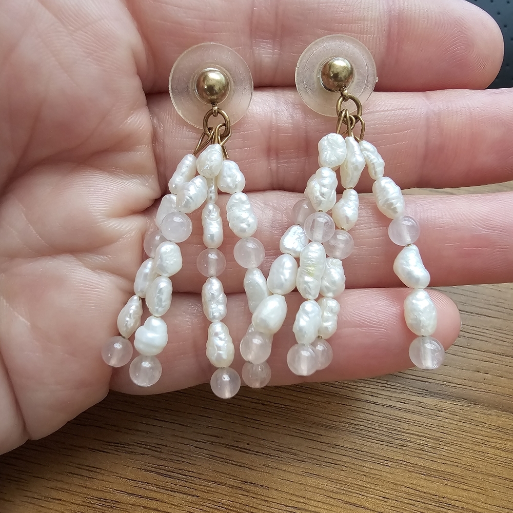 Pale Pink Rose Quartz & White Pearl Chandelier Earrings – Vintage 90s